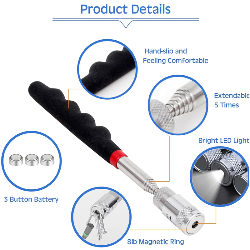 Telescopic Magnetic Pickup Pen Tool with Light